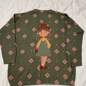 Baggy Loose Sweater with Girl and Flower Design